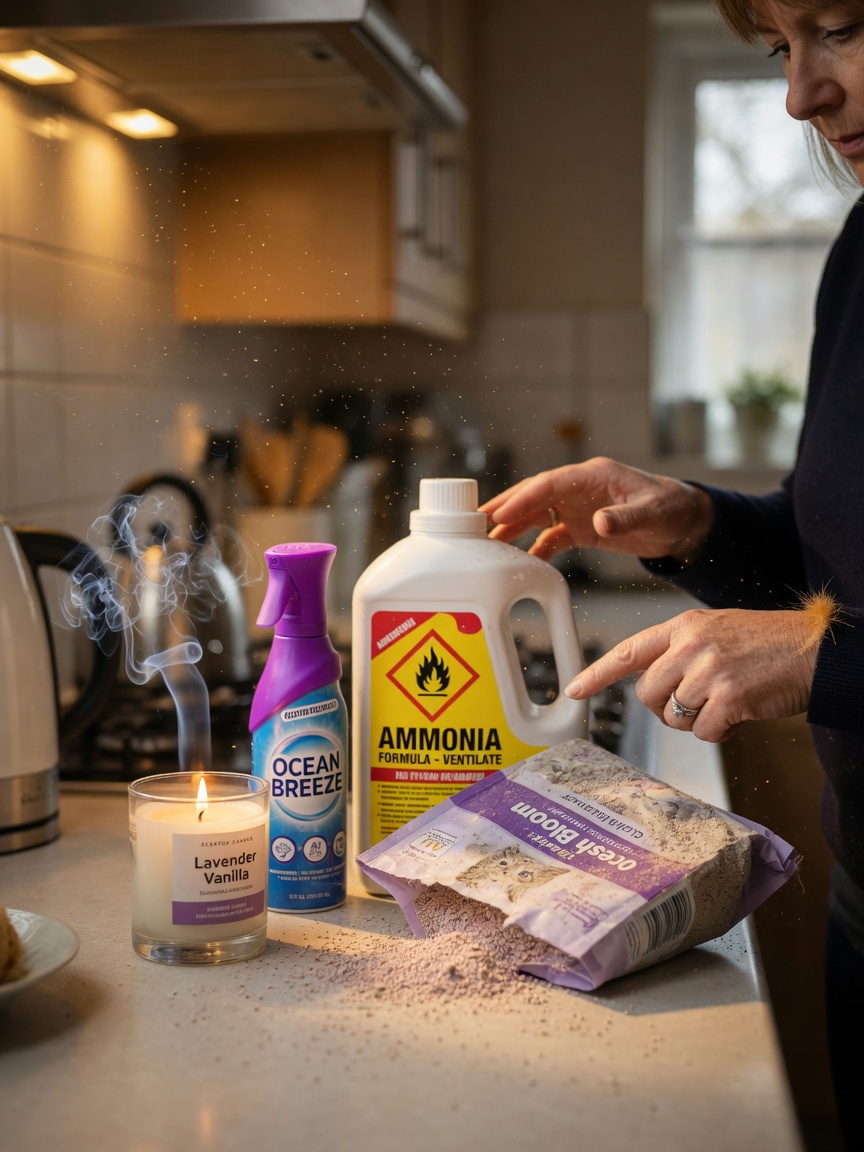 Various household items that trigger cat asthma including scented candle smoke, aerosol spray bottle, cleaning products, and dusty cat litter on a kitchen counter.