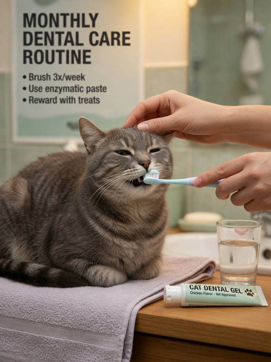 Owner gently brushing a grey tabby cat's teeth with a small soft-bristled cat toothbrush at home
