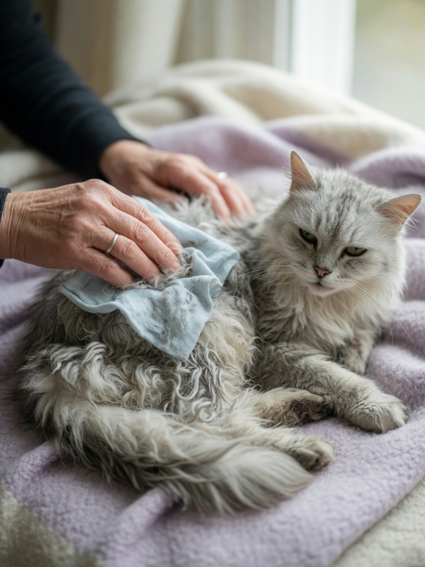 Elderly cat being gently cleaned with a warm damp cloth for hygiene care