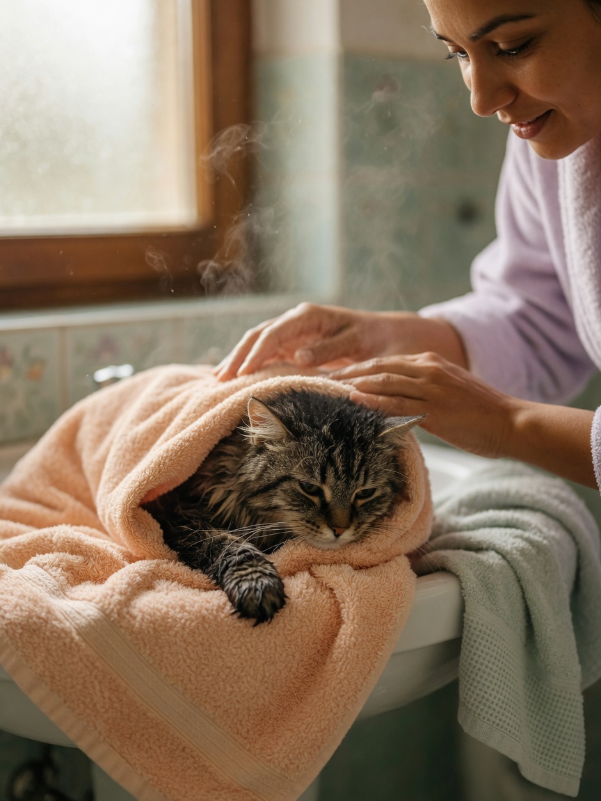 Cat wrapped in warm towel being gently dried after a bath