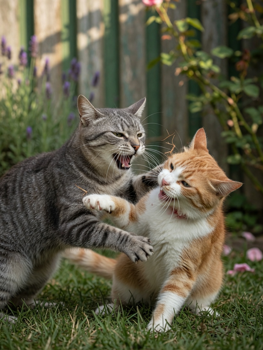 Two cats fighting outdoors with one biting the other's head and neck during territorial dispute