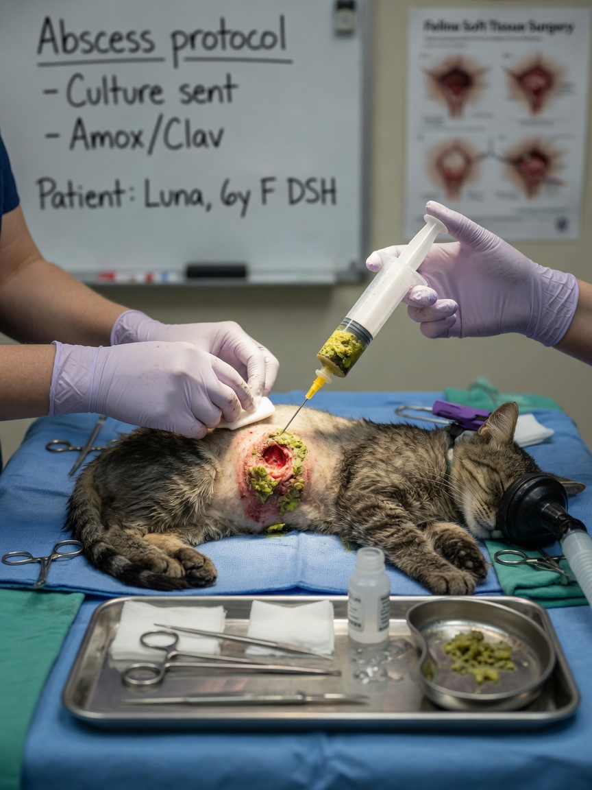 Veterinarian draining a cat abscess under anesthesia using sterile surgical technique