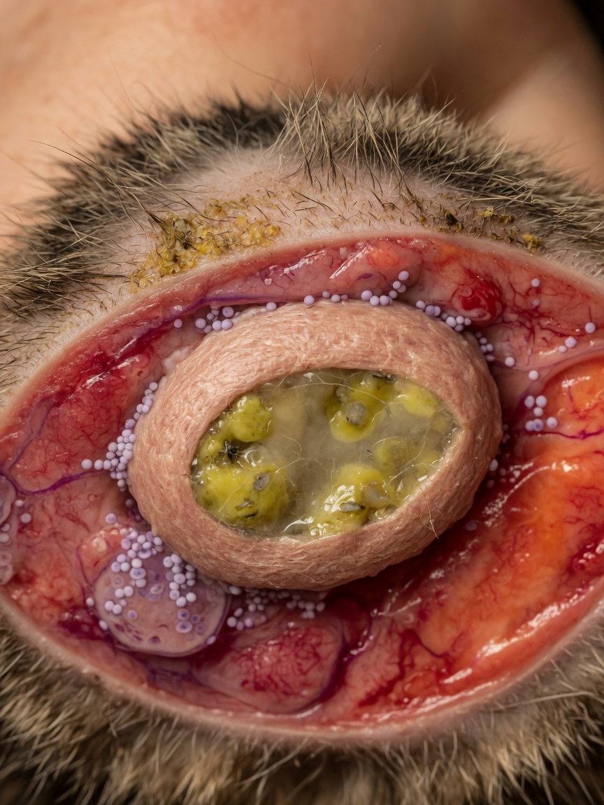 Medical illustration of a developing abscess under cat skin showing inflammation and pus accumulation