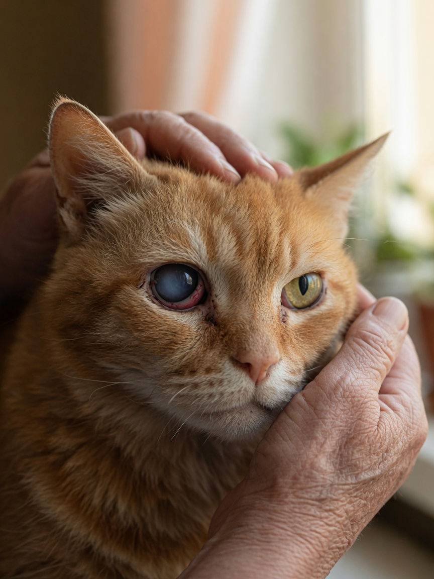 Close-up of an elderly cat's face showing signs of hypertensive eye damage with dilated pupil, owner's hand gently supporting the cat's head
