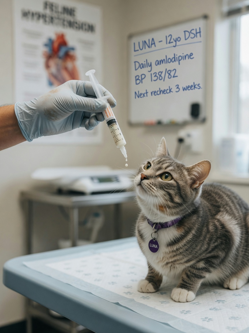 Veterinarian administering daily amlodipine medication to a calm tabby cat during treatment for hypertension