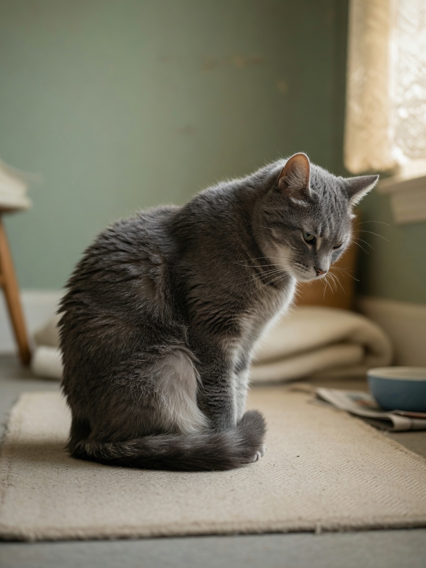 Gray cat with tucked tail and withdrawn posture showing anxiety or illness