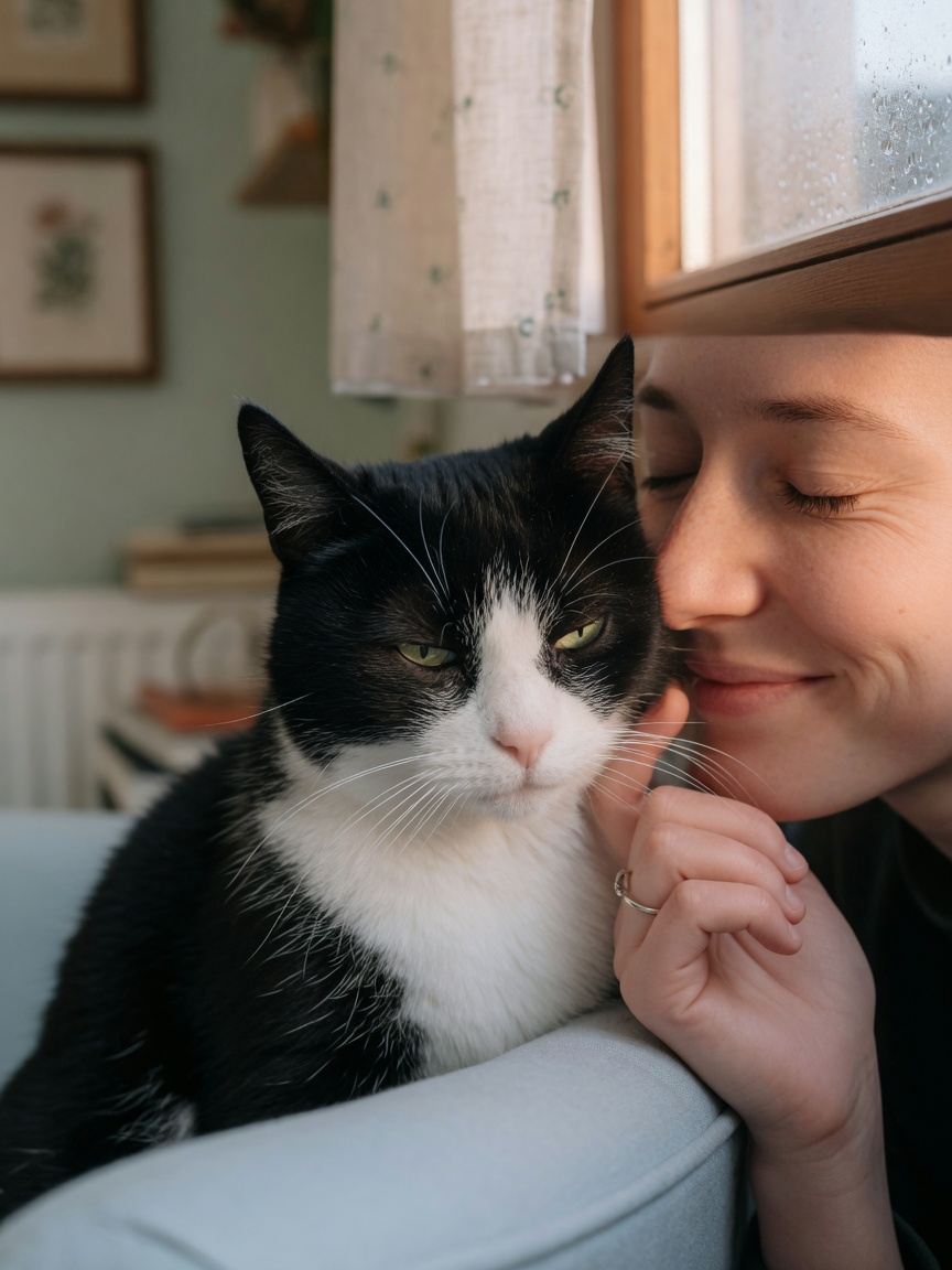 Cat and human performing mutual slow blinks in a moment of trust and connection