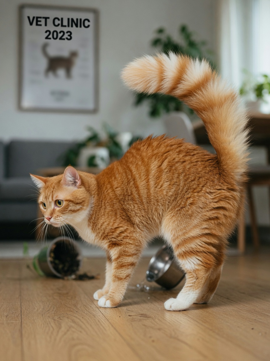 Orange and white cat with puffed-up bottle brush tail, rotated ears, and tense posture showing fear response