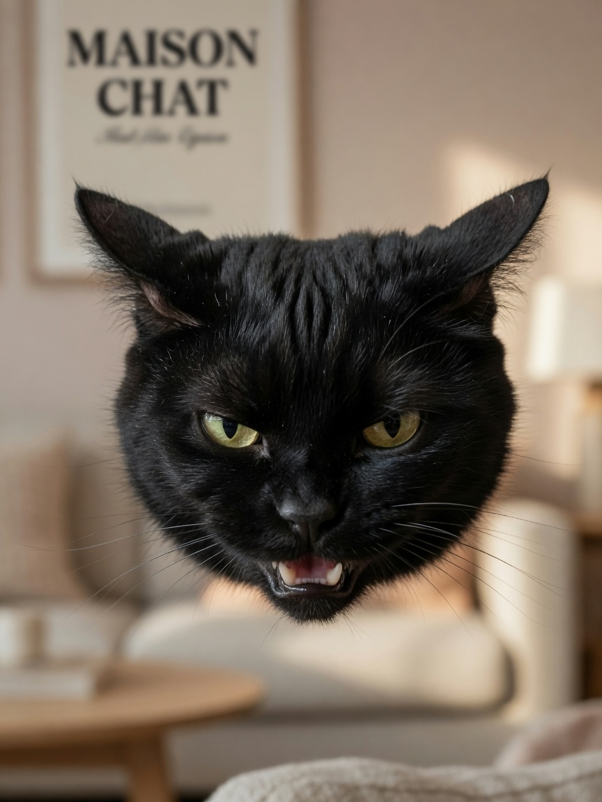 Black cat's head with ears flattened completely back against skull showing defensive aggression and fear