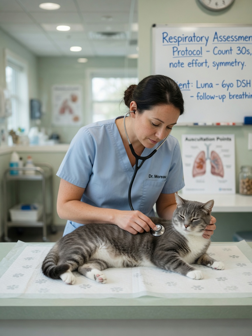 Veterinarian using stethoscope to examine cat's breathing during clinical assessment