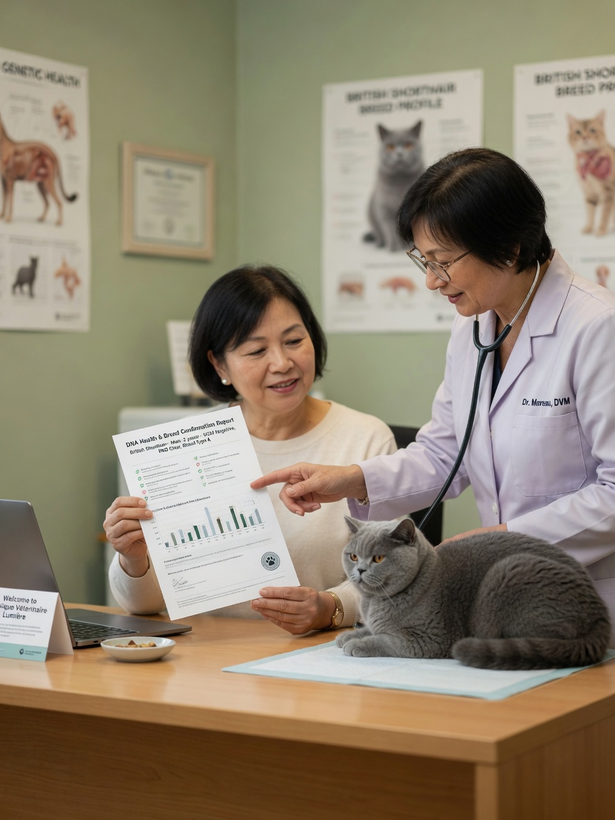 Veterinarian presenting PKD DNA test results to British Shorthair cat owner