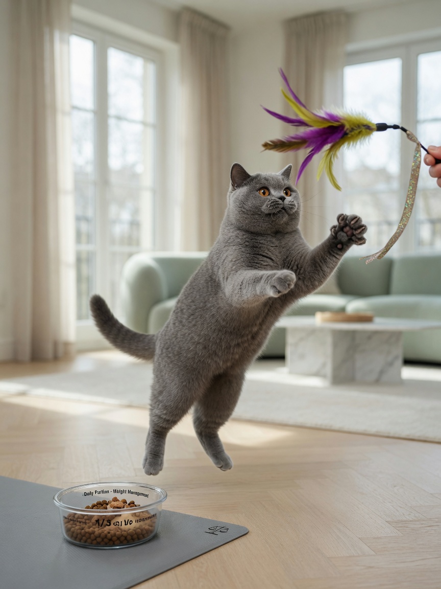 British Shorthair cat playing actively indoors with toy for weight management