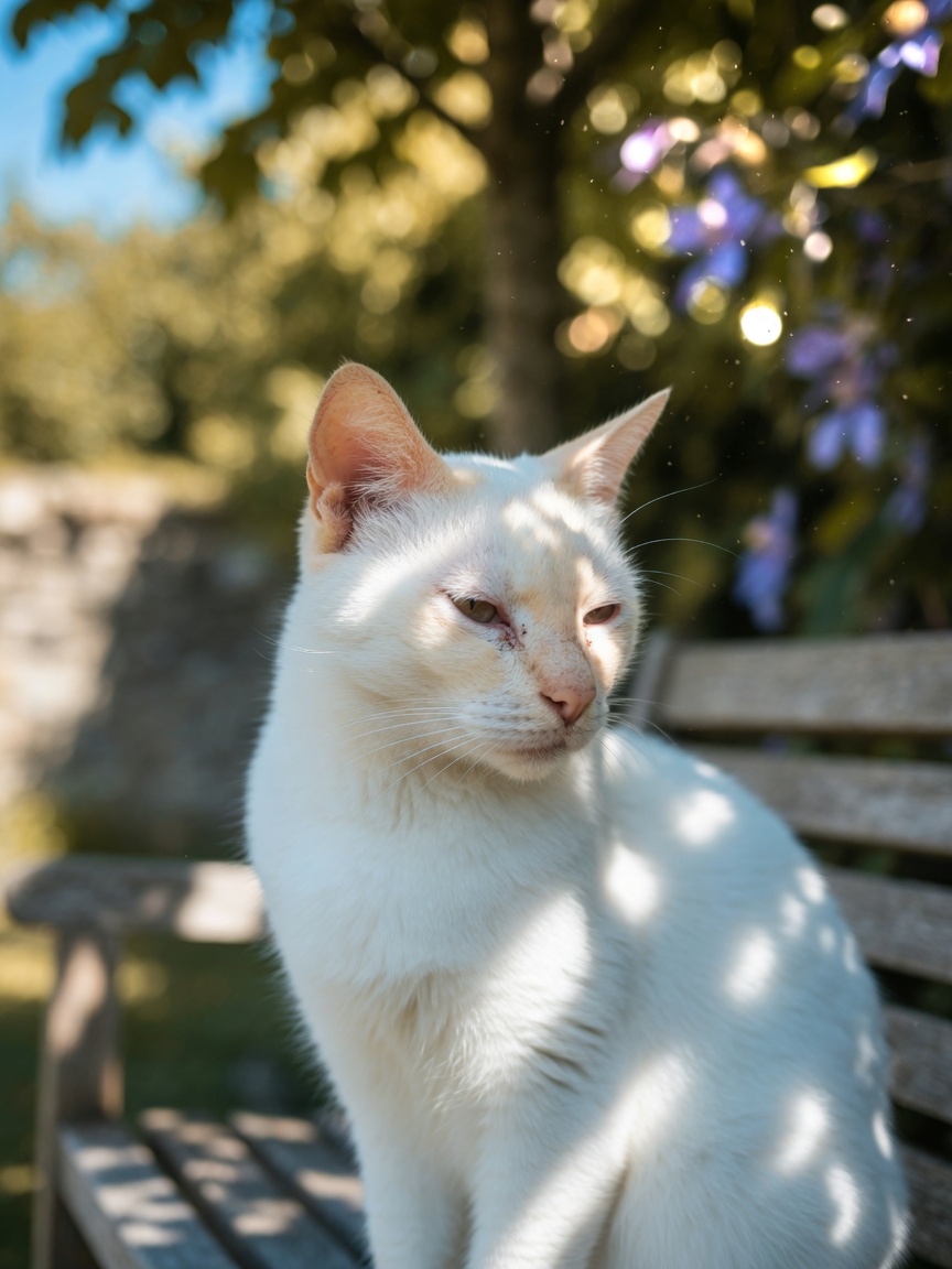 Gato branco com orelhas pálidas posicionado à luz solar brilhante, ilustrando o risco de exposição solar para carcinoma de células escamosas