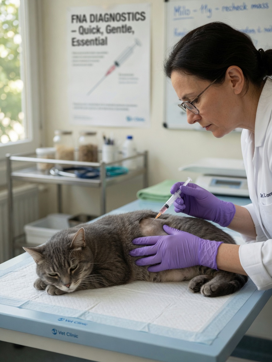 Veterinário a realizar um procedimento de punção com agulha fina numa calma gato numa mesa de exame
