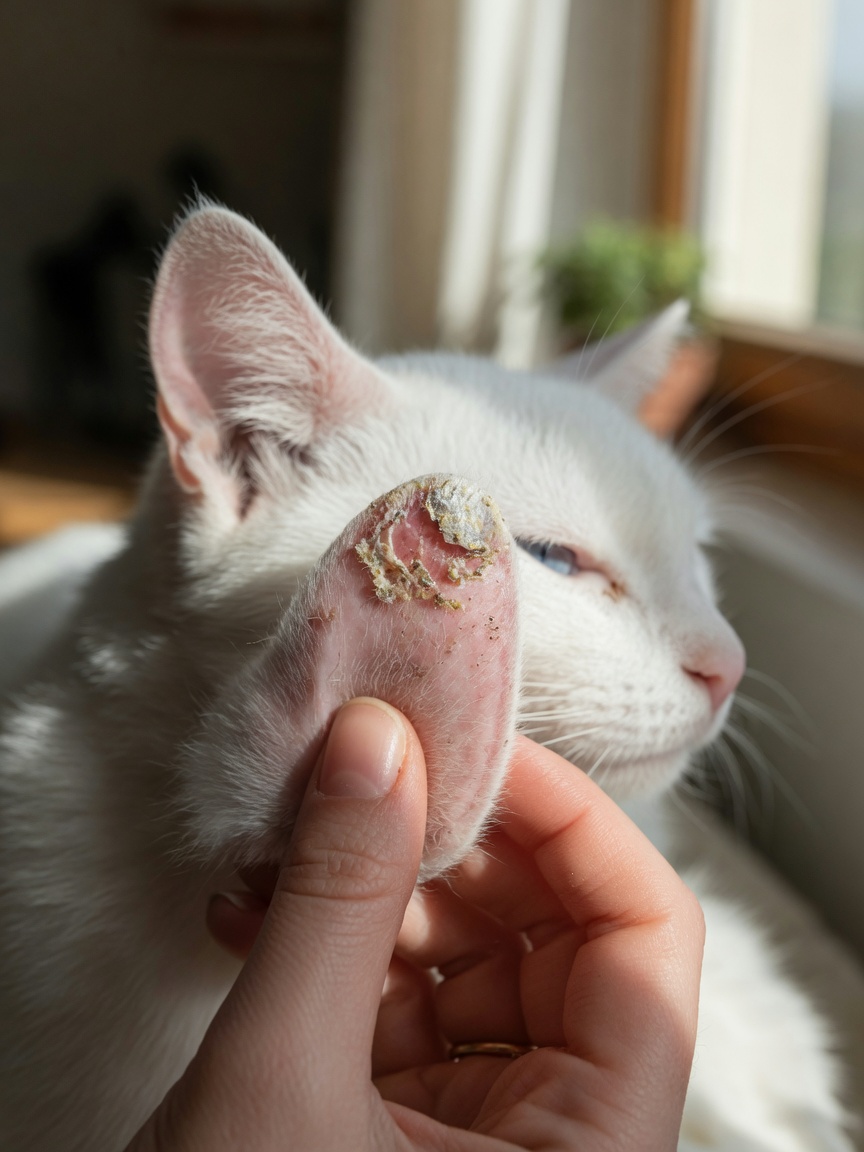 Close-up of a white cat's ear tip showing a scaly, crusted squamous cell carcinoma lesion, held gently by an owner in natural light