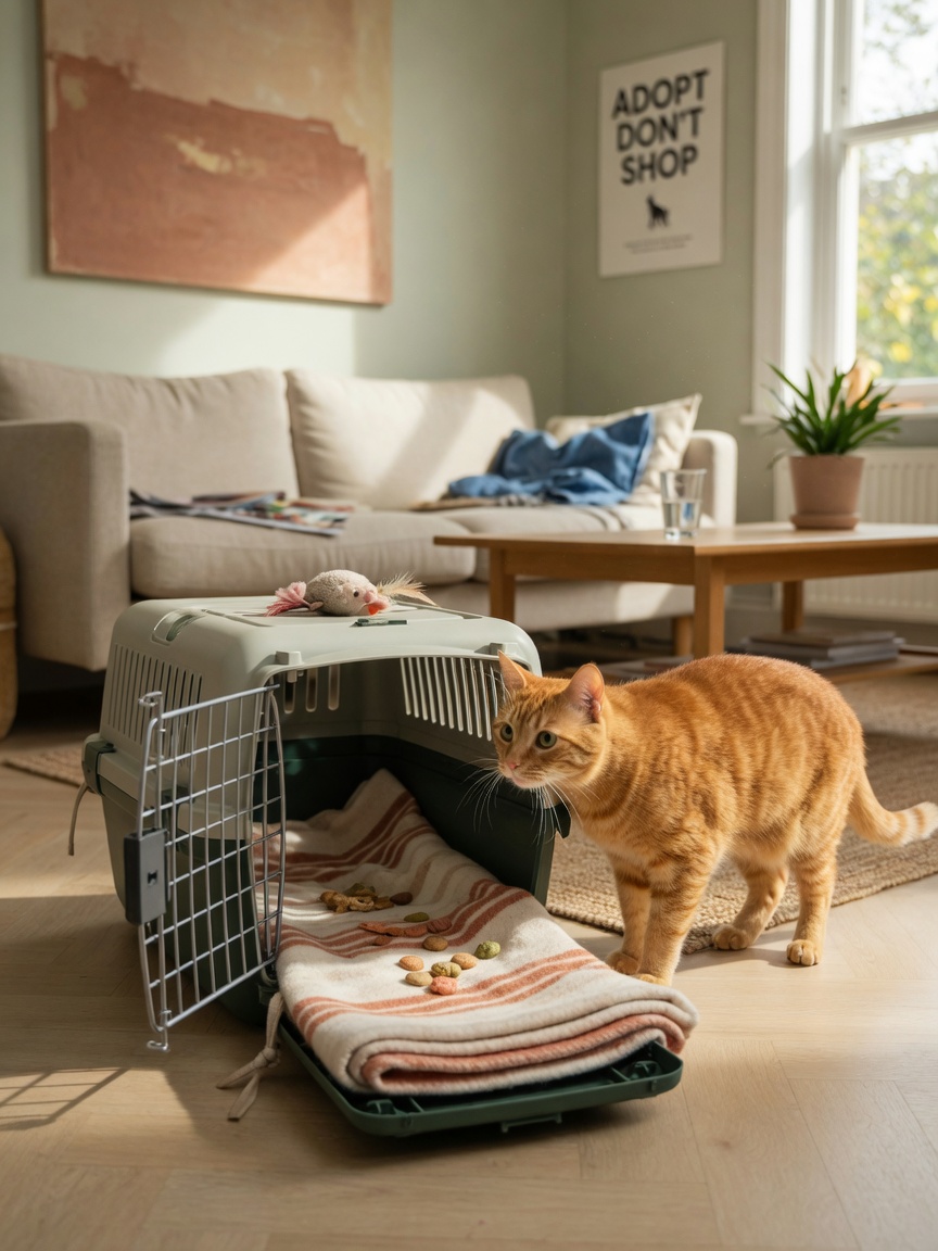 Orange tabby cat voluntarily entering an open pet carrier with treats inside, demonstrating carrier training at home.