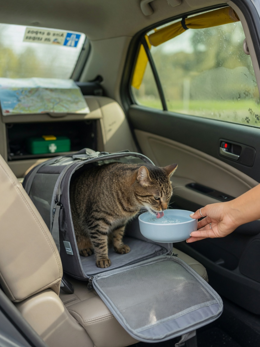 Cat safely drinking water from a bowl inside a closed car during a rest stop, demonstrating secure pit stop hydration.