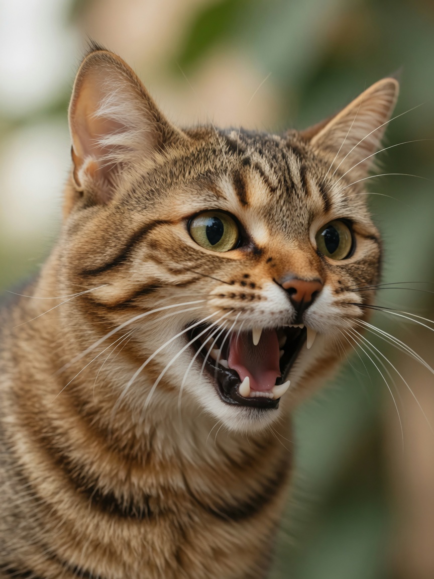 Close-up of cat's jaw and facial muscles during chattering, showing intense predatory focus with open mouth
