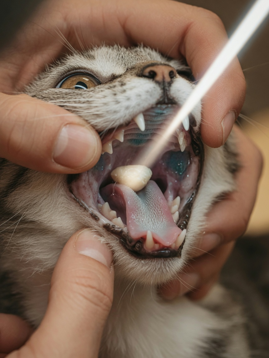 Close-up of a choking cat's open mouth showing pale bluish gums and cyanosis, illuminated by torchlight to reveal airway obstruction