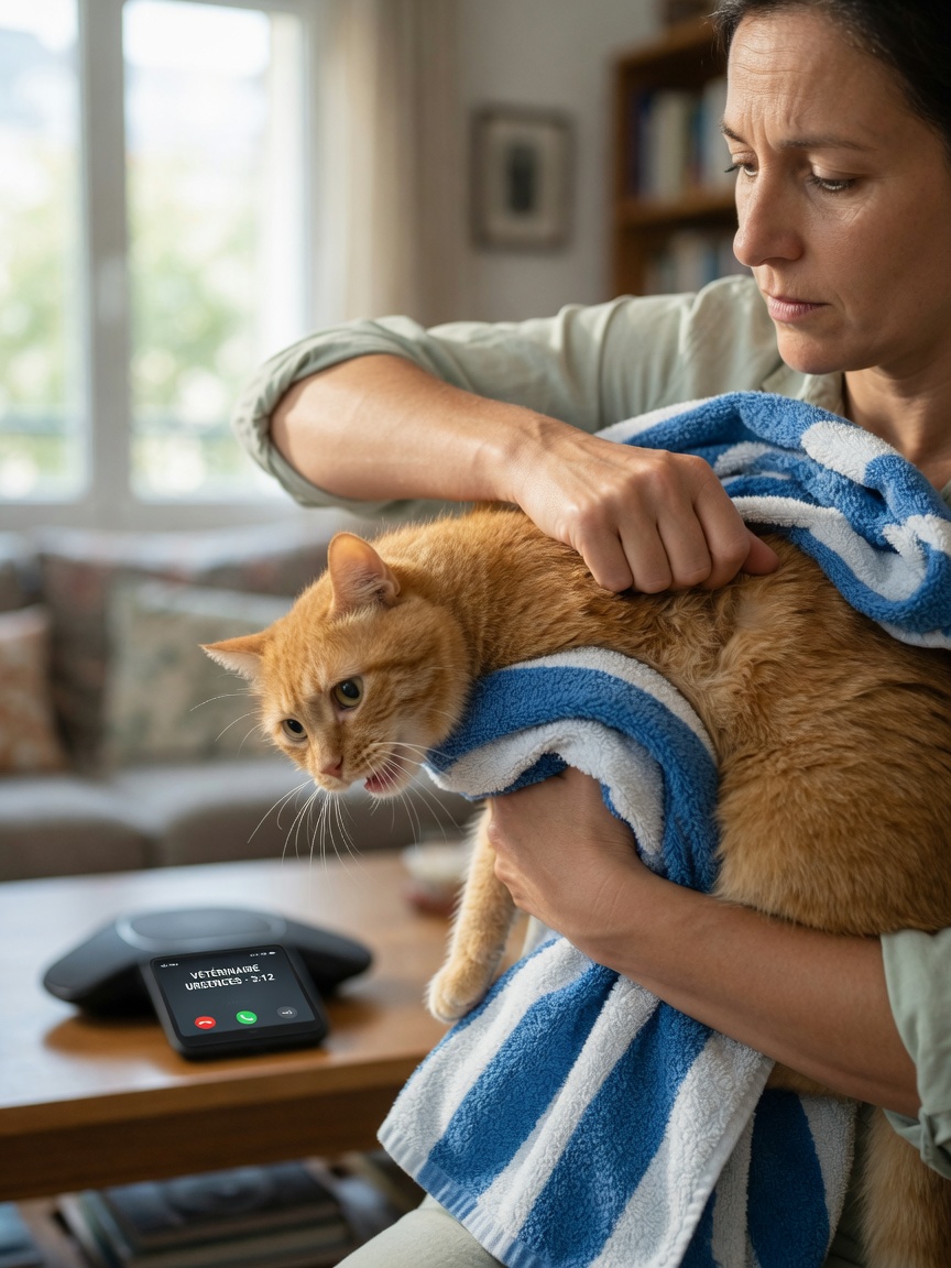 Human performing back blows on a choking cat held head-down in protective towel, with smartphone on speaker in background for vet guidance