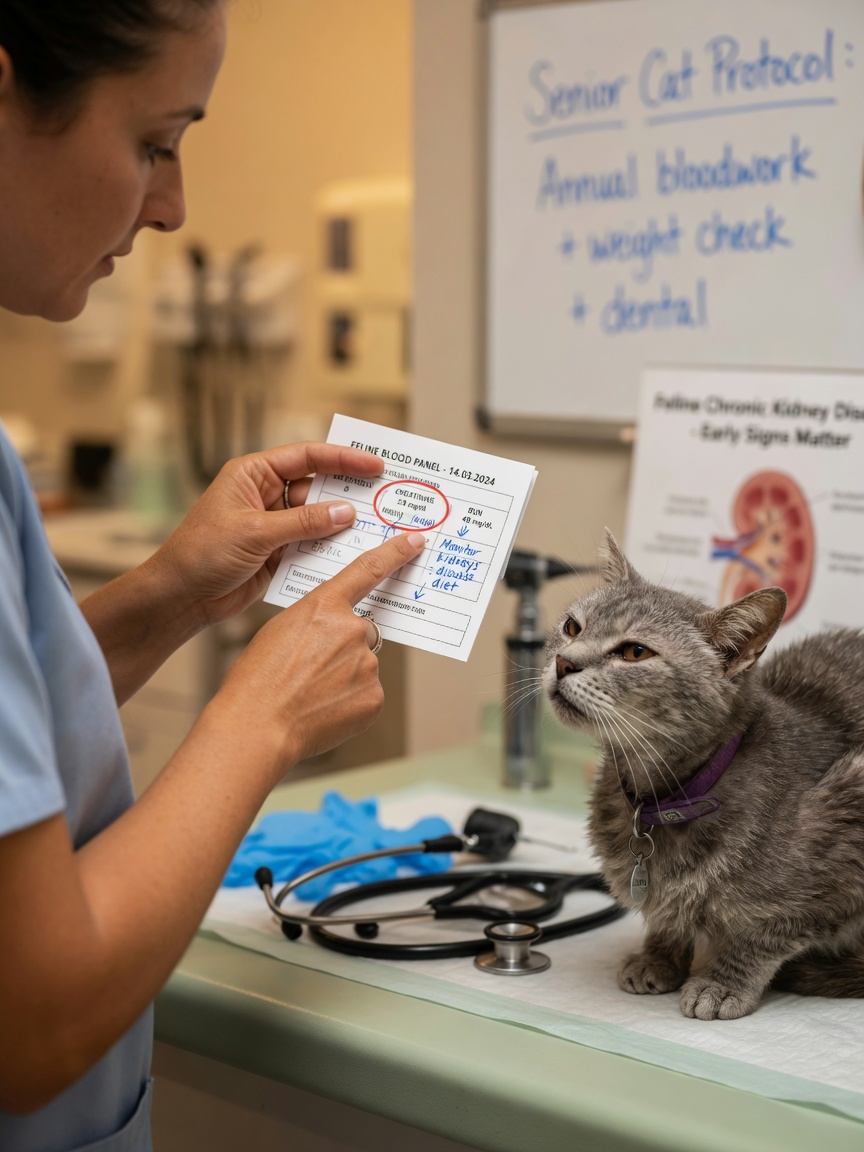 Veterinarian explaining blood test results to a cat owner during a kidney disease consultation