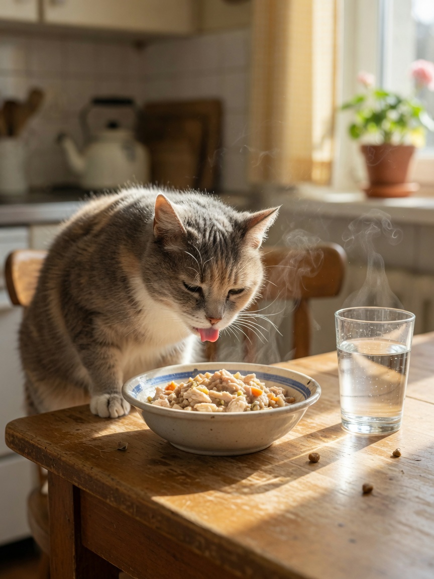 Senior dilute calico cat eating warm wet food in natural window light with water bowl nearby, emphasizing hydration