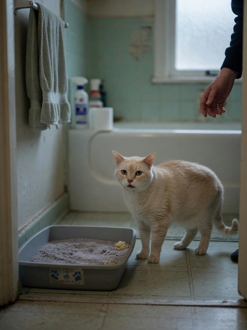 Een verward oudere kat die voor haar kattenbak staat en desoriënteerd lijkt, met symptomen van cognitieve achteruitgang
