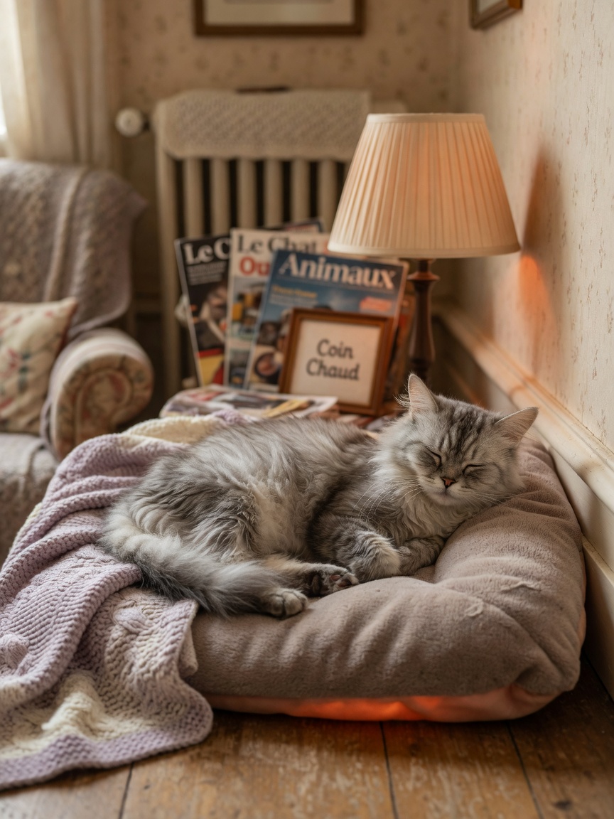 Elderly, thin cat resting on a heated bed in a warm, draught-free home corner