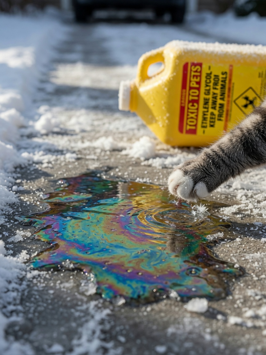 Cat's paw approaching a dangerous antifreeze puddle on a frozen winter driveway