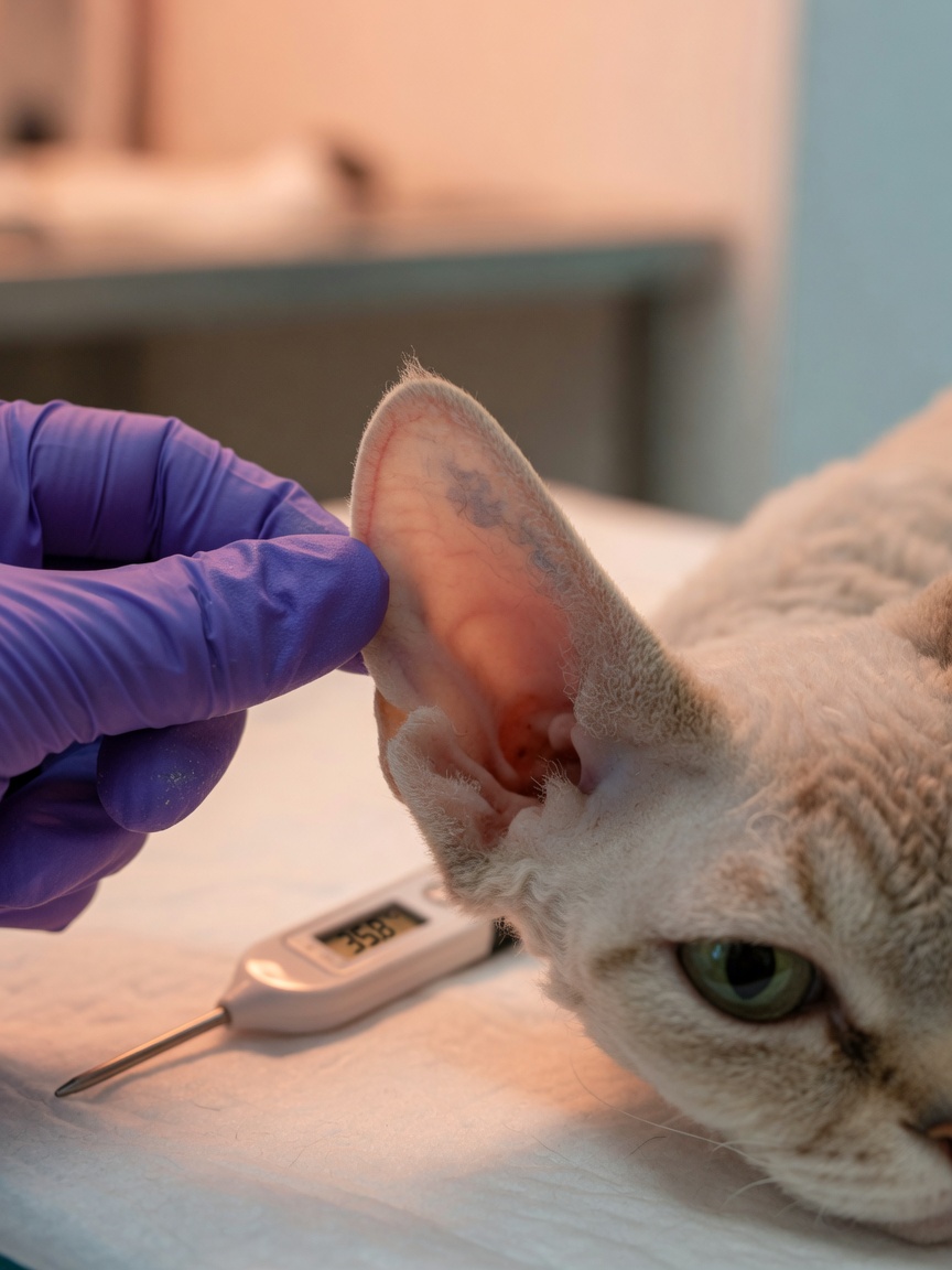 Veterinarian examining cat's frostbitten ear tip during cold weather examination