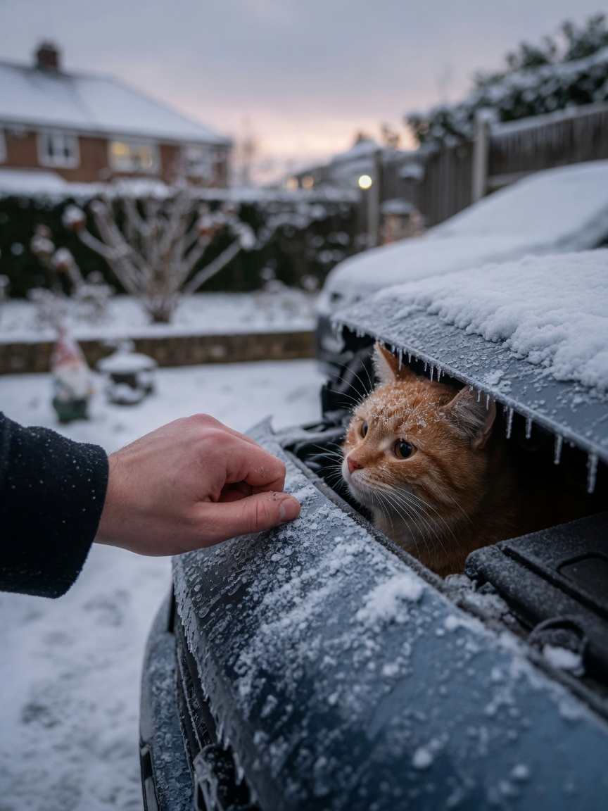 Person knocking on car bonnet to check for hidden cat seeking engine warmth in winter