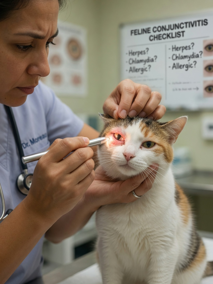 Veterinarian examining a cat's eyes with a penlight during a clinical eye examination