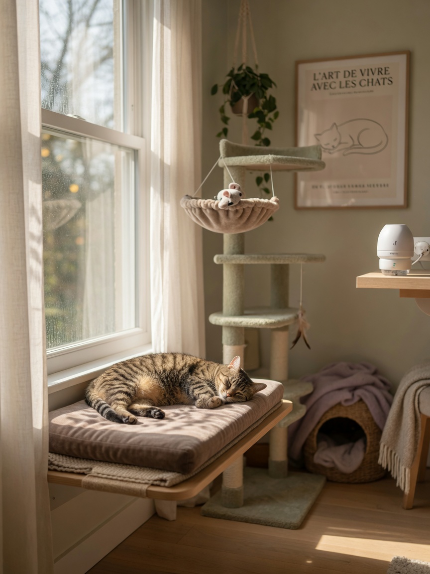 Peaceful indoor cat environment with vertical territory, hiding spaces, and natural window light promoting stress reduction