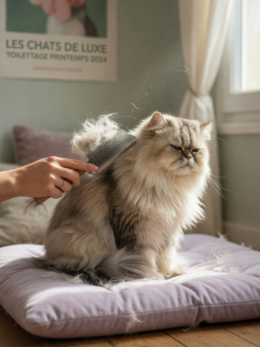 Long-haired Persian cat being groomed with loose fur visible