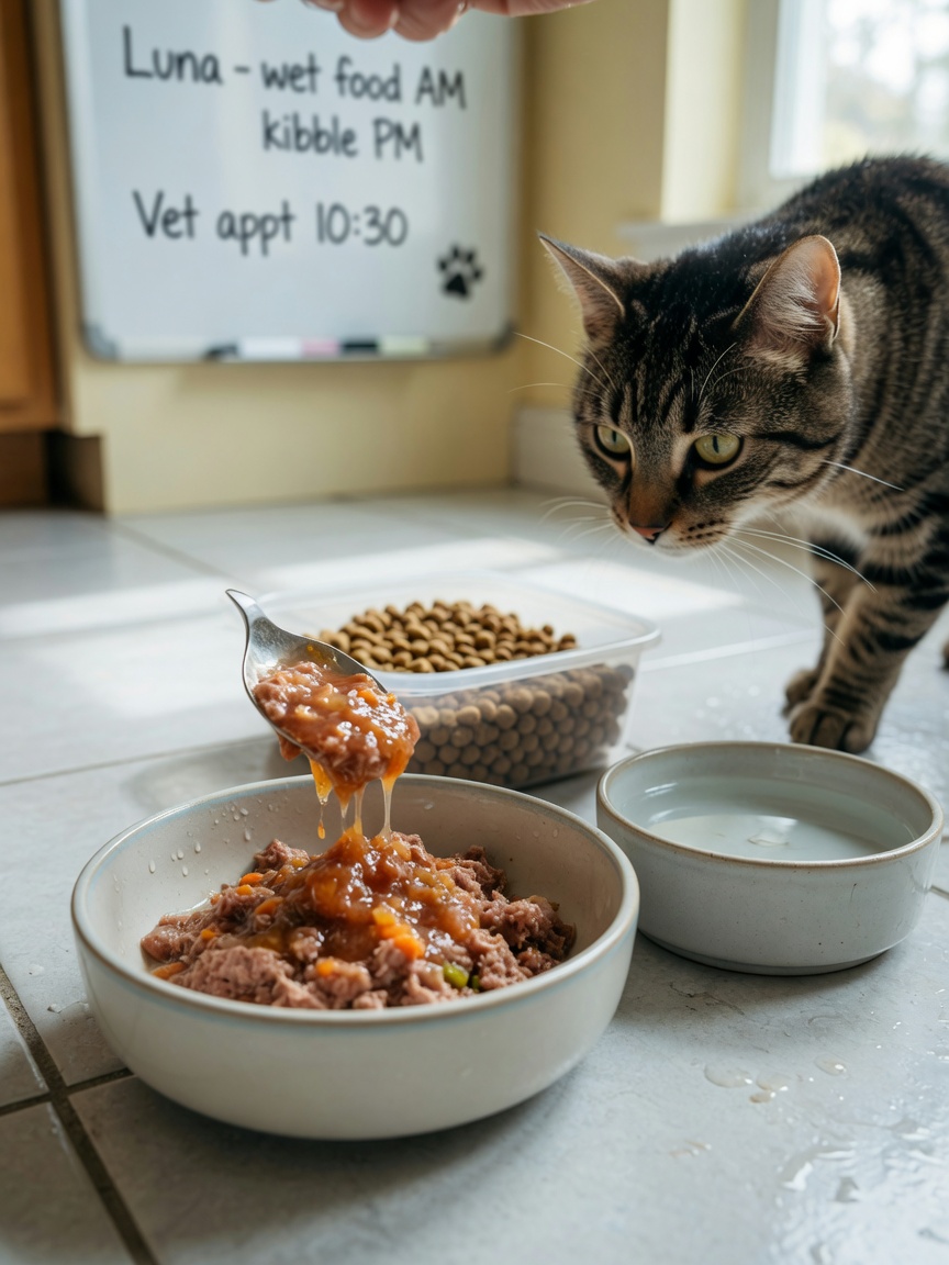 Wet cat food being served in a bowl with a cat approaching