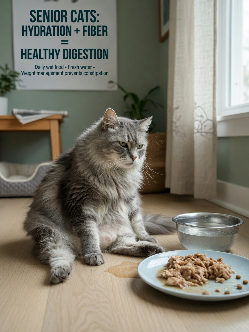 Senior cat with water bowl and wet food showing hydration and dietary management for constipation prevention