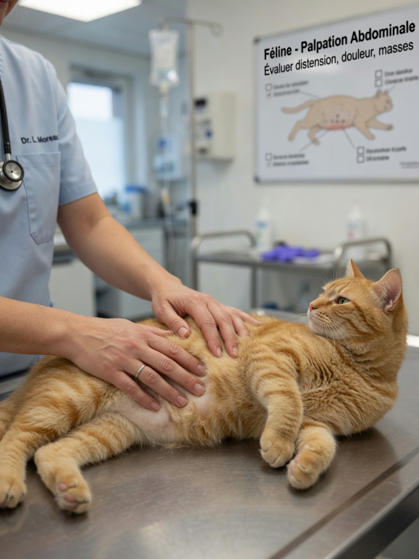 Veterinarian examining a cat's abdomen for constipation complications and megacolon assessment
