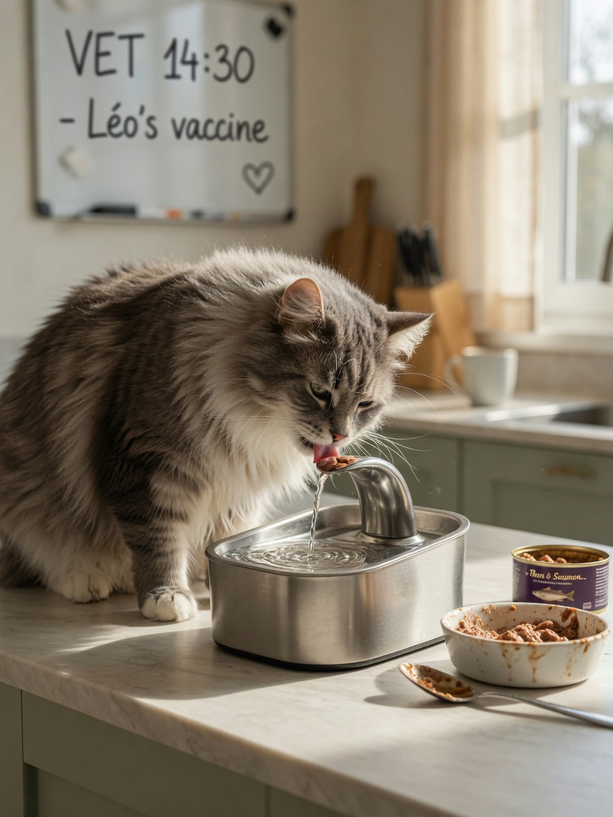 Cat drinking from water fountain as home remedy for constipation
