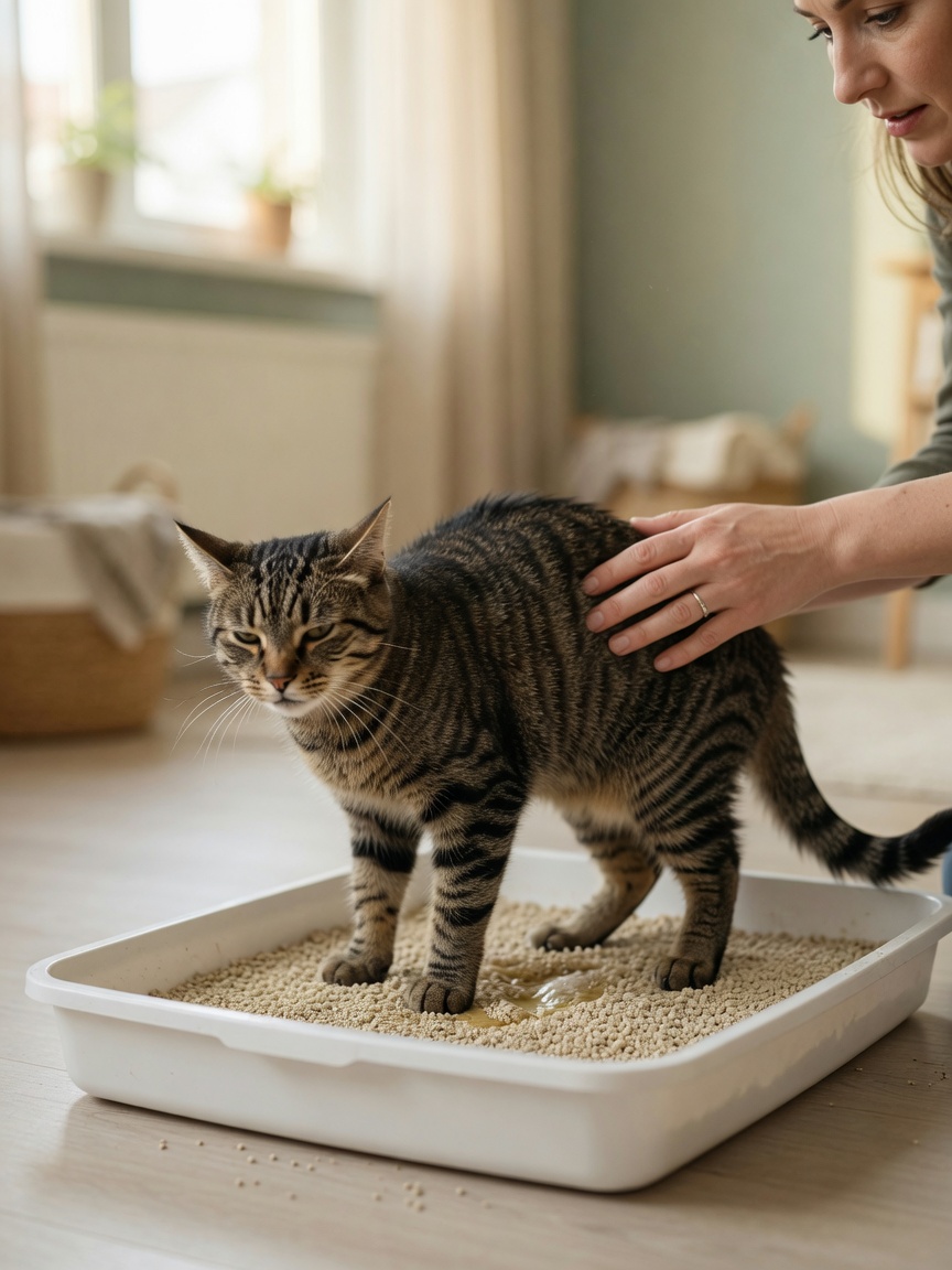 Cat straining in litter tray showing urinary discomfort while owner's hand gently touches its back