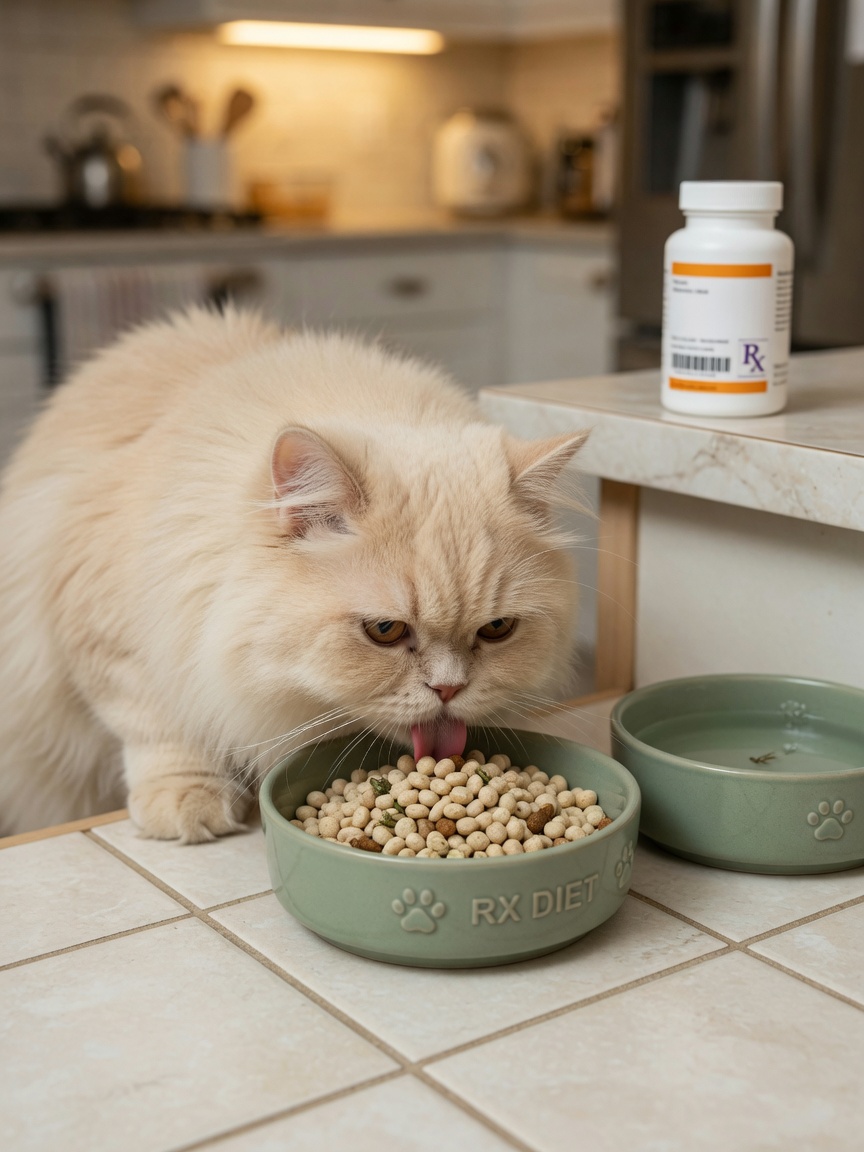 Long-haired cream-colored Persian cat eating specialized urinary prescription diet from a ceramic bowl