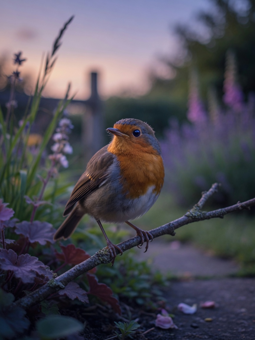 Young robin on low garden branch at twilight, vulnerable ground-nesting bird at dusk