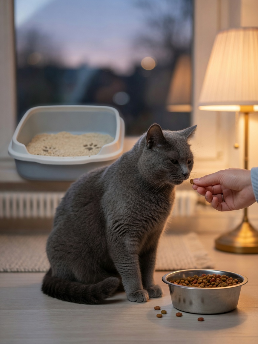 Cat being rewarded with treat indoors at dusk during feeding time routine