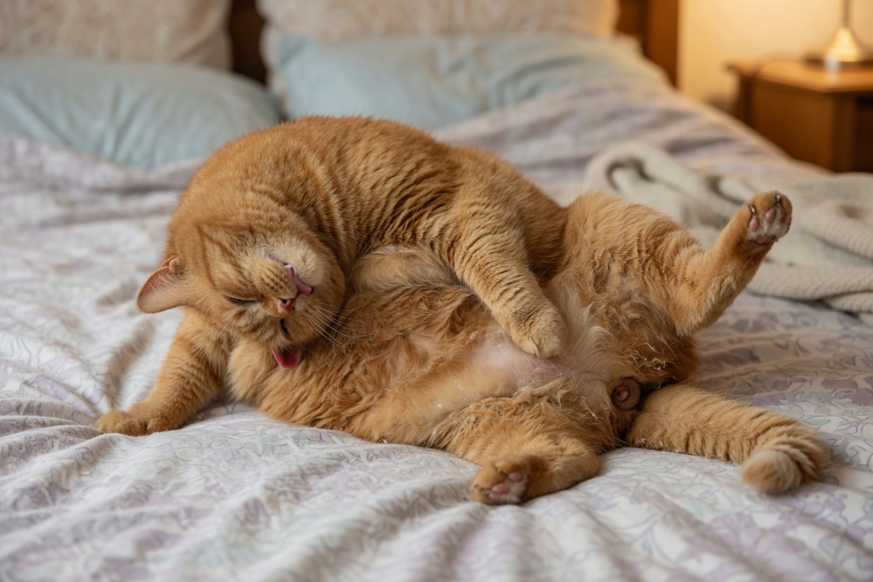 Overweight tabby cat struggling to reach and groom its lower back and hindquarters