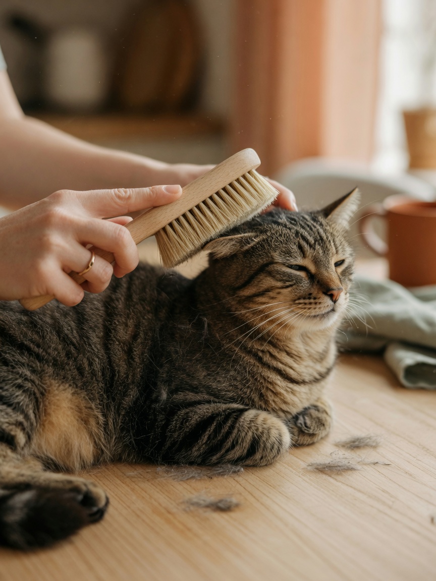 Owner brushing a cat's coat with a soft-bristle brush during a home grooming session