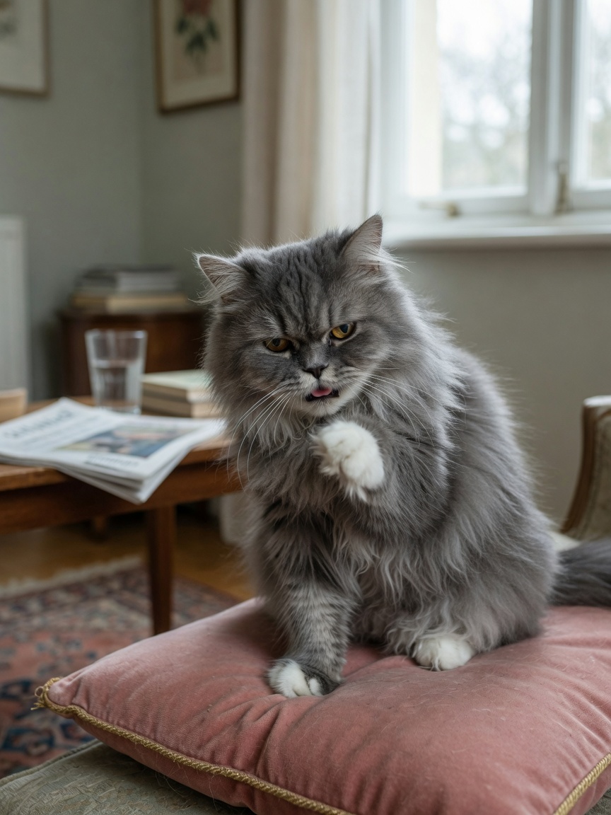 Gray Persian cat holding its paw to its mouth, displaying signs of dental pain and discomfort