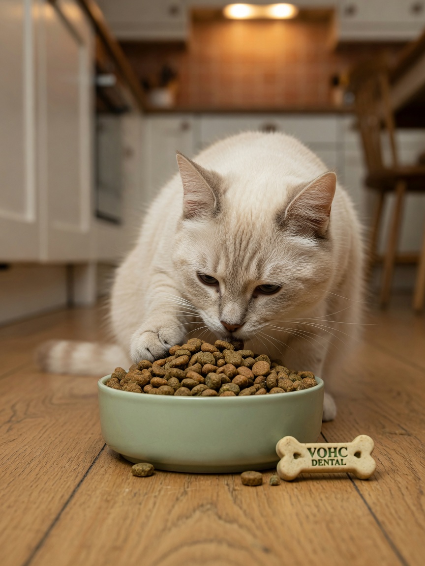 Tabby cat eating dental prescription kibble from a bowl, demonstrating the use of specialized dental diet