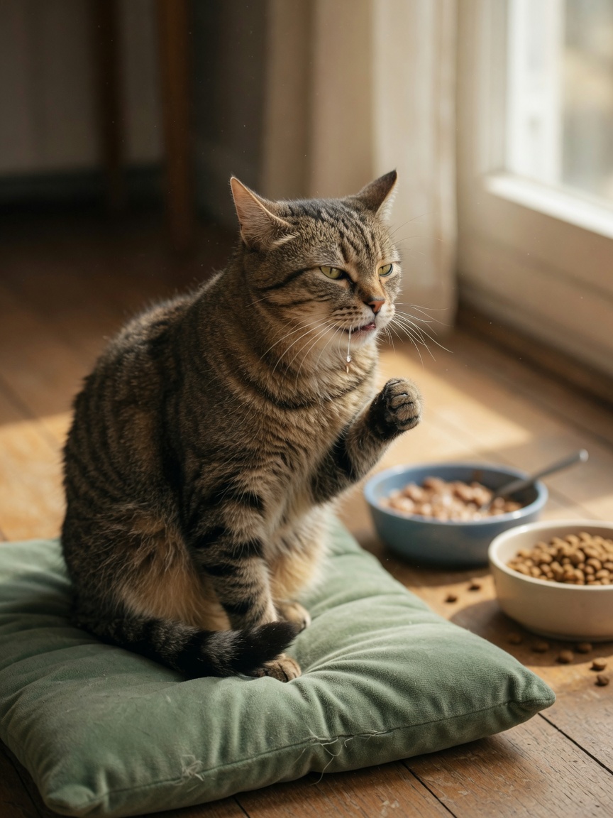 Cat showing subtle signs of dental disease discomfort, with drool near mouth and untouched food bowls nearby