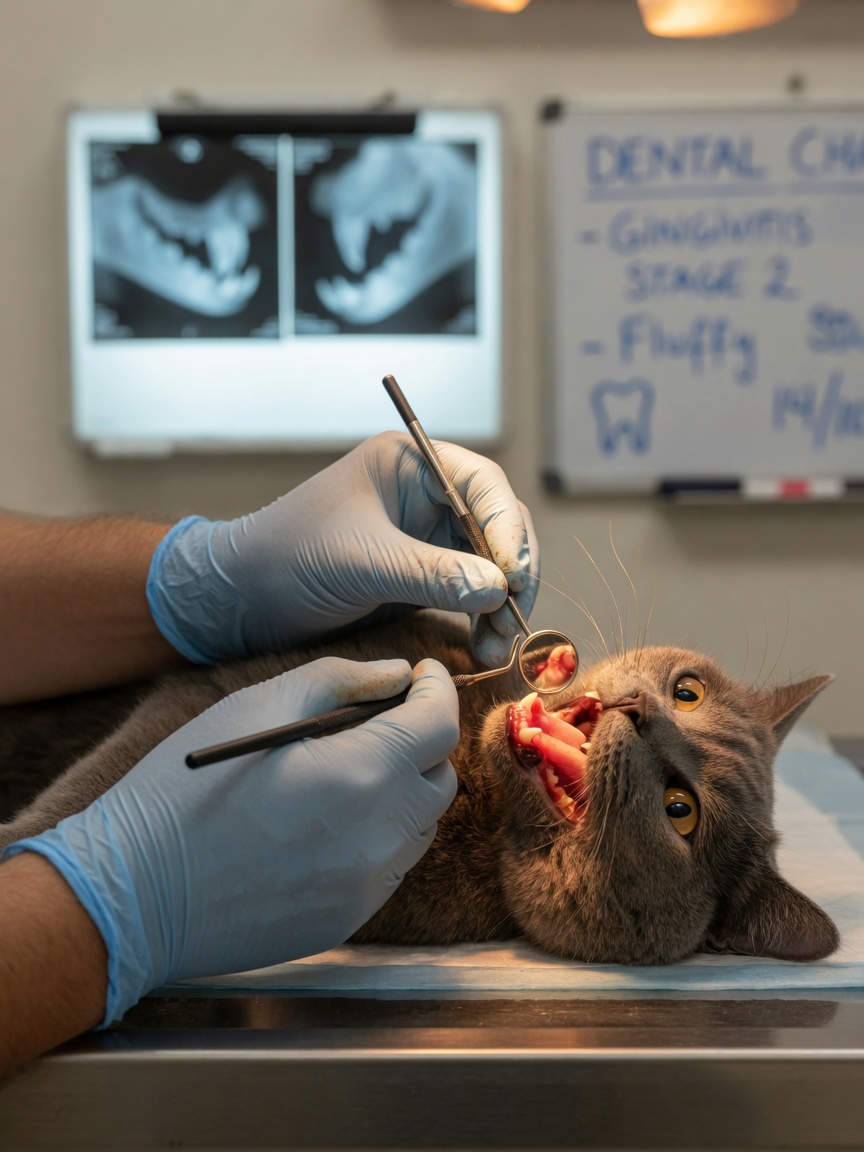 Veterinarian examining inflamed gums and teeth in a cat's mouth during dental assessment