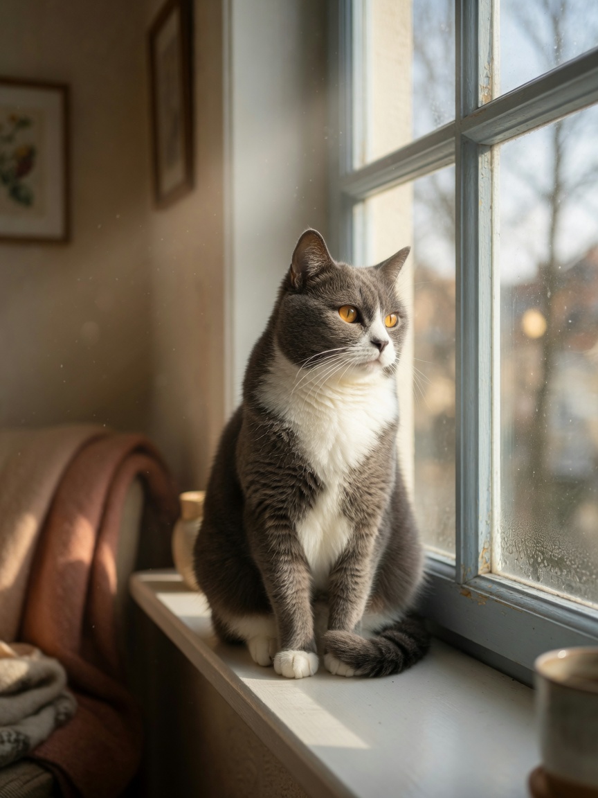 Een rustige grijs-witte kat zittend bij een zonnig raam, die stoïcijnse houding demonstreert terwijl ze innerlijk ongemak verbergt door tandvlees ziekte