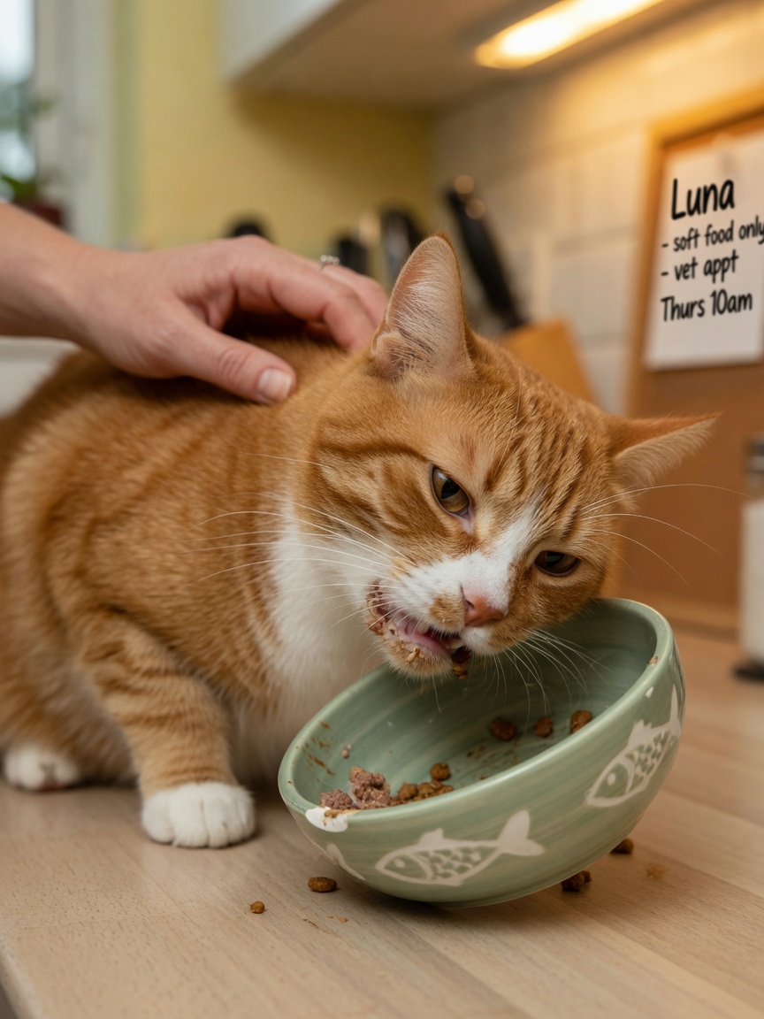 Een oranje gestreepte kat eet uit een kom terwijl ze één kant van haar mond begunstigt, wat subtiele tekenen van tandvlees ongemak aantoont